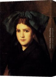 Portrait of a Girl Wearing a Pearl Necklace Canvas Paintings - A Portrait Of A Young Girl With A Bow In Her Hair by Jean-Jacques Henner