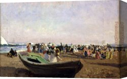 Valencia Canvas Paintings - Beach of Valencia. Fisherwomen by Joaquin Sorolla y Bastida