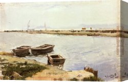 Joaquin Sorolla Y Bastida Canvas Paintings - Three Boats By A Shore by Joaquin Sorolla y Bastida
