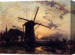 Windmill at Zaandam 2 Canvas Paintings - Boatman by a Windmill at Sundown by Johan Barthold Jongkind