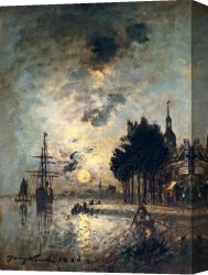 Johan Laurentz Jensen Canvas Paintings - Clair de Lune by Johan Barthold Jongkind