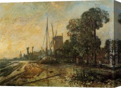 Windmill at Zaandam 2 Canvas Paintings - Windmill near the Water by Johan Barthold Jongkind