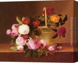 Johan Laurentz Jensen Canvas Paintings - A Basket Of Roses On A Ledge by Johan Laurentz Jensen