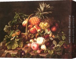 Johan Laurentz Jensen Canvas Paintings - A Still Life Of A Basket Of Fruit And Roses by Johan Laurentz Jensen