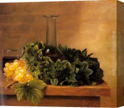 A Still Life with Flowers Grapes And a Melon Canvas Paintings - A Still Life with Grapes and Wine on a Table by Johan Laurentz Jensen