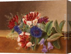 Johan Laurentz Jensen Canvas Paintings - A Still Life with Honeysuckle, Blue Cornflowers and Bluebells on a Marble Ledge by Johan Laurentz Jensen