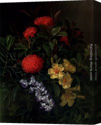 Johan Laurentz Jensen Canvas Paintings - Allemanda, Ixora and Orchids by Johan Laurentz Jensen
