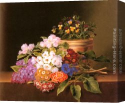 Johan Laurentz Jensen Canvas Paintings - Apple Blossoms, Lilac, Violas, Cornflowers and Primroses on a Ledge by Johan Laurentz Jensen