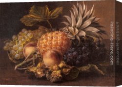 Johan Laurentz Jensen Canvas Paintings - Grapes, a Pineapple, Peaches and Hazelnuts in a Basket by Johan Laurentz Jensen