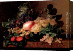 Johan Laurentz Jensen Canvas Paintings - Grapes, Strawberries, a Peach, Hazelnuts and Berries in a Bowl on a marble Ledge by Johan Laurentz Jensen