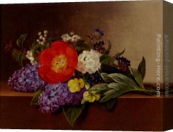 Violet Canvas Paintings - Lilacs, Violets, Pansies, Hawthorn Cuttings, And Peonies On A Marble Ledge by Johan Laurentz Jensen