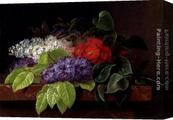 Johan Laurentz Jensen Canvas Paintings - White and purple Lilacs, Camellia and Beech Leaves on a marble Ledge by Johan Laurentz Jensen