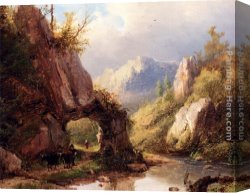 Landscape with Stream And Mountains Canvas Paintings - A Mountain Valley With A Peasant And Cattle Passing Along A Stream by Johann Bernard Klombeck