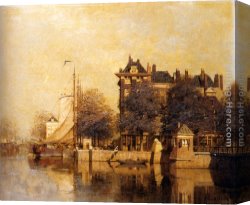 Sailing Canvas Paintings - Moored Sailing Vessels Along A Quay, Amsterdam by Johannes Christiaan Karel Klinkenberg