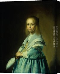 Portrait of a Girl Wearing a Pearl Necklace Canvas Paintings - Portrait of a Girl Dressed in Blue by Johannes Cornelisz. Verspronck