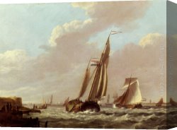 Mediterranean Shipping Canvas Paintings - Shipping In A Choppy Estuary by Johannes Hermanus Koekkoek
