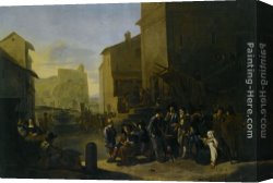 Peasants Canvas Paintings - A Roman Market Scene with Peasants Gathered around a Stove by Johannes Lingelbach