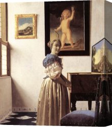 Johannes Vermeer Canvas Paintings - Lady Standing at a Virginal by Johannes Vermeer