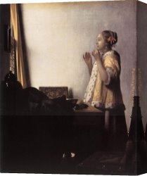 Portrait of a Girl Wearing a Pearl Necklace Canvas Paintings - Woman with a Pearl Necklace by Johannes Vermeer