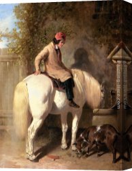 Boy Lighting a Pipe Canvas Paintings - Refreshment, A Boy Watering His Grey Pony by John Frederick Herring Snr