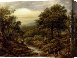 John Linnell Canvas Paintings - A River Landscape, With Two Boys Fishing And A Girl Fetching Water by John Linnell