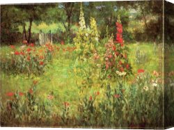 Ottis Canvas Paintings - Hollyhocks and Poppies The Hermitage by John Ottis Adams