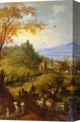 Landscape with Cattle Canvas Paintings - A Rocky Landscape with Cattle on a Road by Joos De Momper