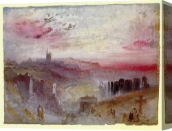 Town Canvas Paintings - View over Town at Suset a Cemetery in the Foreground by Joseph Mallord William Turner