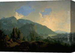 Landscape with Stream And Mountains Canvas Paintings - An Italian Landscape with Mountains and a River by Joseph Wright of Derby