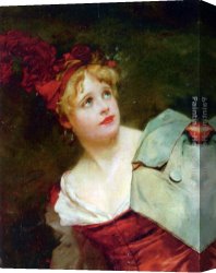 Crimson Canvas Paintings - A Lady Wearing a Crimson Hat by Jules Adolphe Goupil