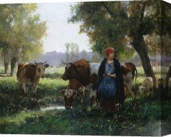 Dupre Canvas Paintings - A Bord de la Mare by Julien Dupre