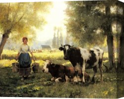 Dupre Canvas Paintings - A Milkmaid with her Cows on a Summer Day by Julien Dupre