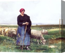 Dupre Canvas Paintings - A Shepherdess with her flock by Julien Dupre