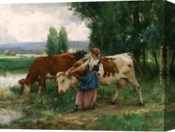 Dupre Canvas Paintings - Femme et vaches par l'eau by Julien Dupre