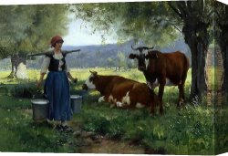 Dupre Canvas Paintings - Milkmaid with Cows 2 by Julien Dupre