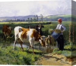 Dupre Canvas Paintings - Milkmaid with Cows by Julien Dupre