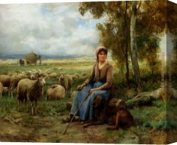 Dupre Canvas Paintings - Shepherdess Watching Over Her Flock by Julien Dupre