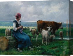 Dupre Canvas Paintings - Shepherdess with Goat Sheep and Cow by Julien Dupre