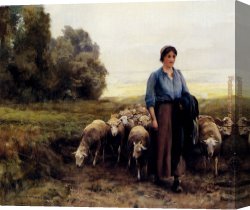 Dupre Canvas Paintings - Shepherdess With Her Flock by Julien Dupre