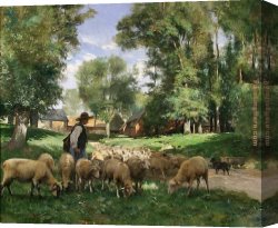 Dupre Canvas Paintings - Un Berger et son Troupeau by Julien Dupre