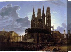 Town Canvas Paintings - Medieval Town by Water by Karl Friedrich Schinkel