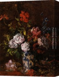 Chinese Porcelain Canvas Paintings - Floral still life in a blue and white porcelain vase by Karl Pierre Daubigny
