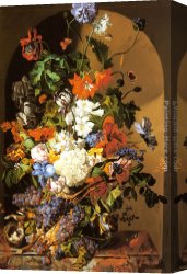 A Still Life with Flowers Grapes And a Melon Canvas Paintings - A Still Life with Flowers and Grapes by Leopold Zinnogger