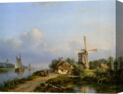 Windmill at Zaandam 2 Canvas Paintings - Figures on a Canal near a Windmill by Lodewijk Johannes Kleijn