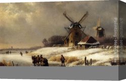 Windmill at Zaandam 2 Canvas Paintings - Figures On A Frozen Waterway By A Windmill by Lodewijk Johannes Kleijn