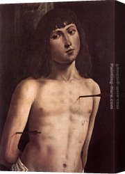 St Sebastian Tended by St Irene Canvas Paintings - St Sebastian by Lorenzo Costa