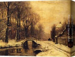 Stream Canvas Paintings - A Snowcovered Forest With A Bridge Across A Stream by Louis Apol
