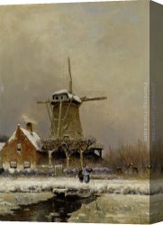 Windmill at Zaandam 2 Canvas Paintings - Figures by a windmill in a snow covered landscape by Louis Apol