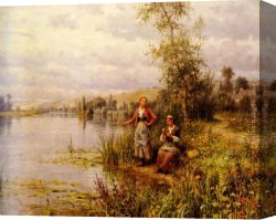Summer Canvas Paintings - Country Women Fishing on a Summer Afternoon by Louis Aston Knight