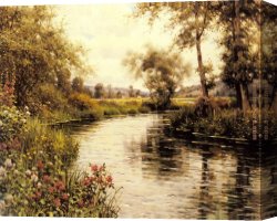 Nearing Camp on The Upper Colorado River Canvas Paintings - Flowers in Bloom by a River by Louis Aston Knight
